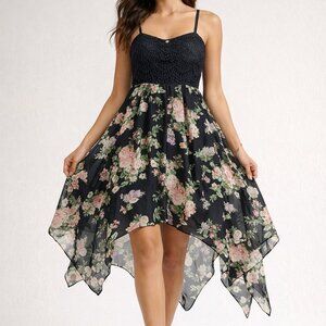 No Boundaries XL Black Lace & Floral Handkerchief Hem Dress